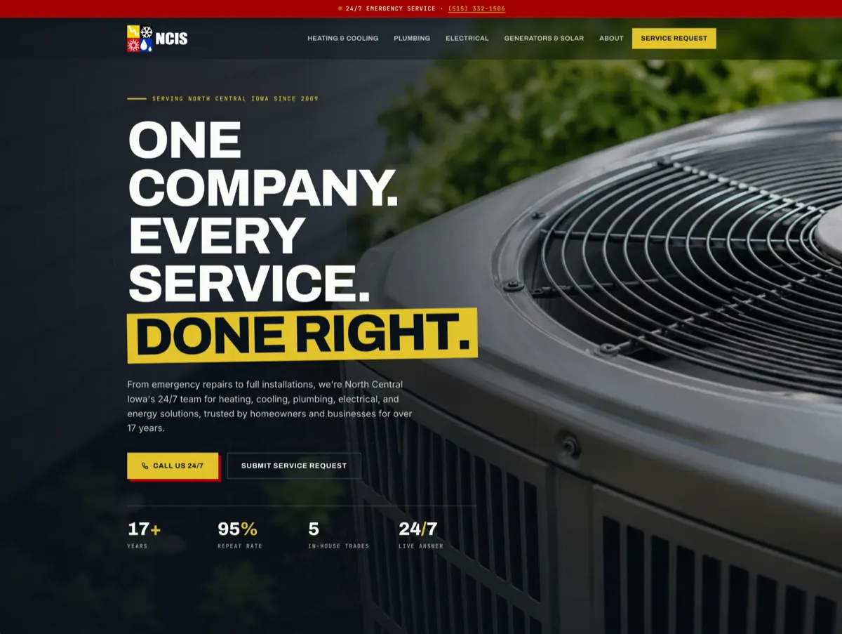North Central Iowa Service custom website homepage designed by Plaine Studios